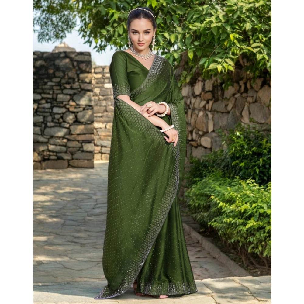 Generic Women's Rangoli Diamond Weaving - Stone Work Saree With Unstitched Blouse 5.5Mtr (Mahendi) - MYLUXURY LANE ENTERPRISE